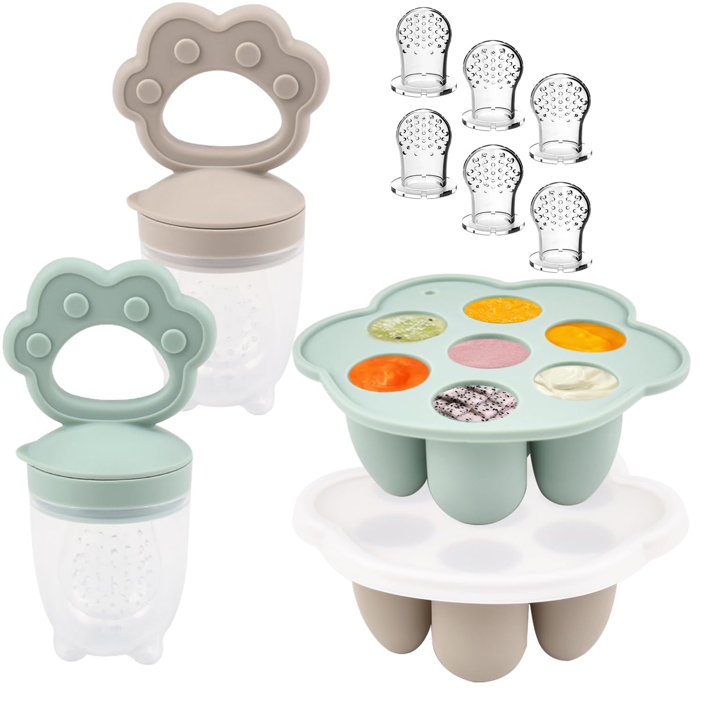 Ginbear Silicone Baby Fruit Food Feeder & Freezer Tray (Set of 2), Infant Teething Feeder Pacifiers with Baby Popsicle Molds Combo 4 Months+ (Hazy