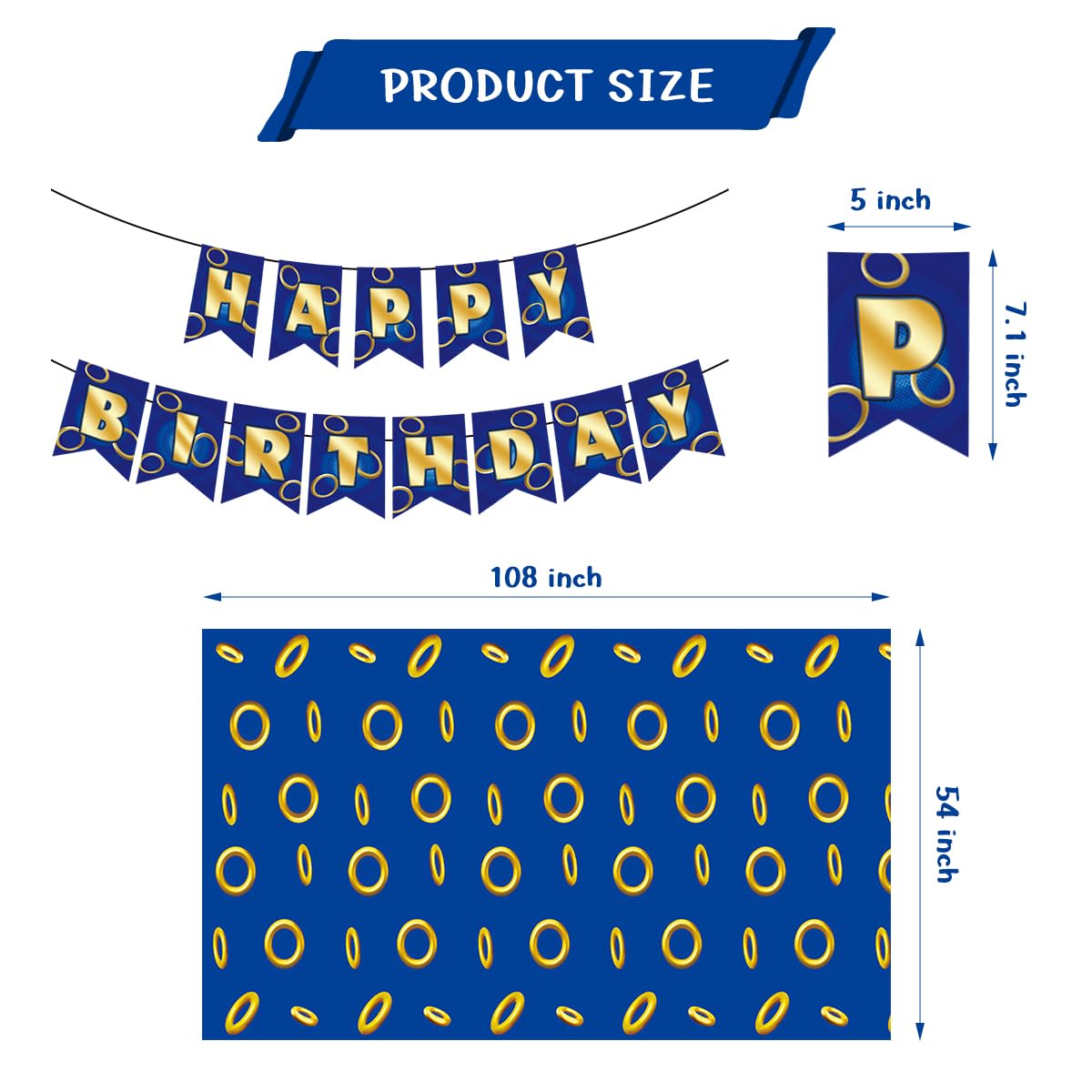 OUAOCZH 2Pcs Blue Gold Ring 108'' x 54 ''Tablecloth and Banner Disposable Rectangle Rings TableCover for Boys Girls Birthday Party Supplies