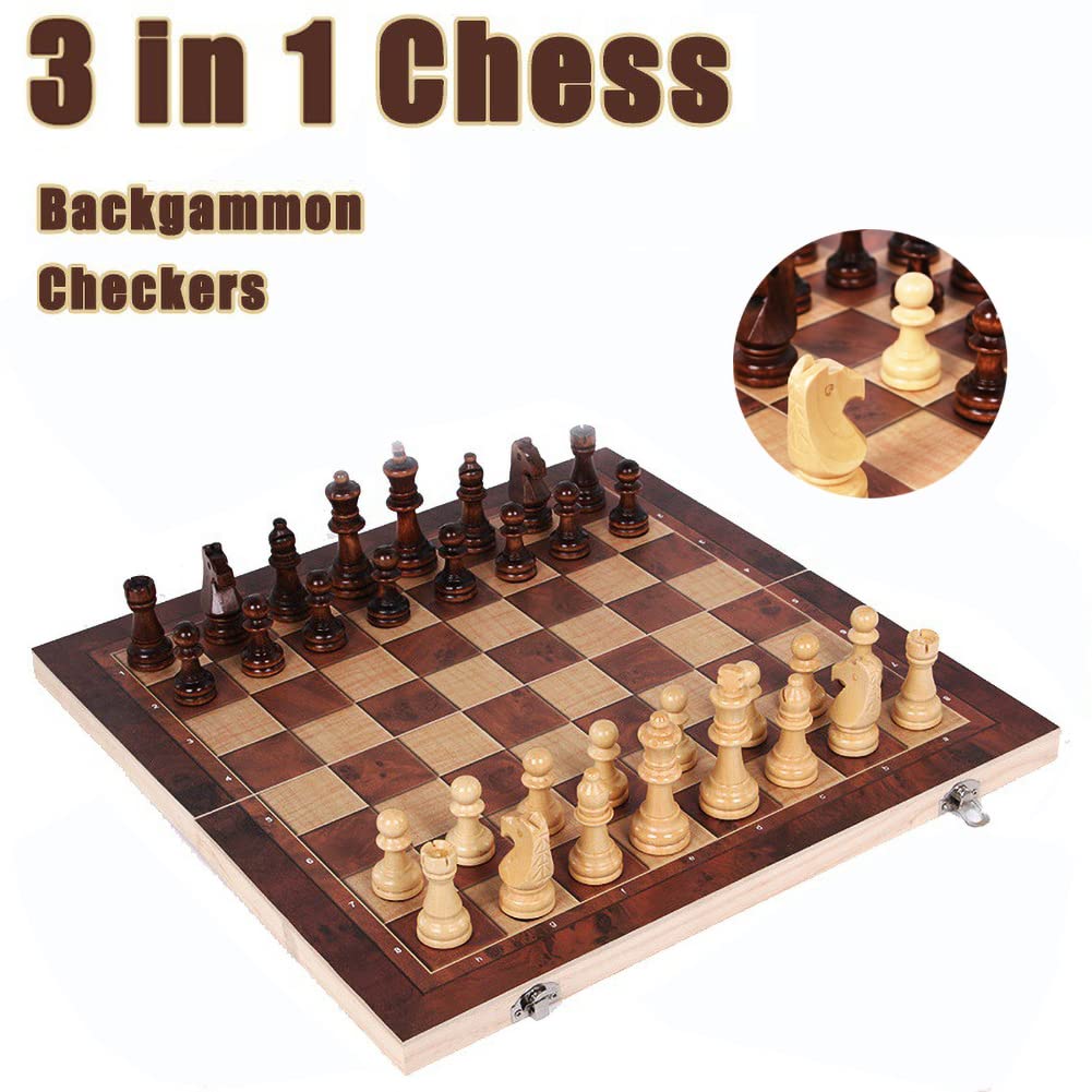 Folding Storage Wooden Chess Board Sets - 3 in 1 Chess Board Game for Adults and Kids (Backgammon, Checkers), Exquisite Wooden Chess Set