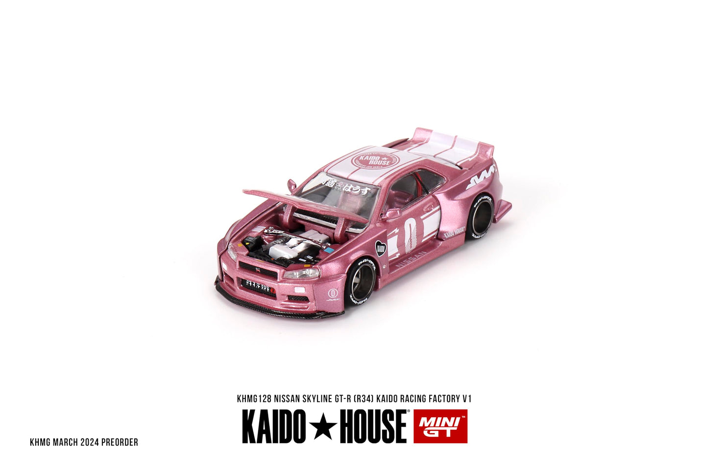 True Scale Miniatures Model Car Compatible with Nissan Skyline GT-R (R34) Kaido Racing Factory V1 Pink 1/64 Diecast Model Car Kaido House KHMG128