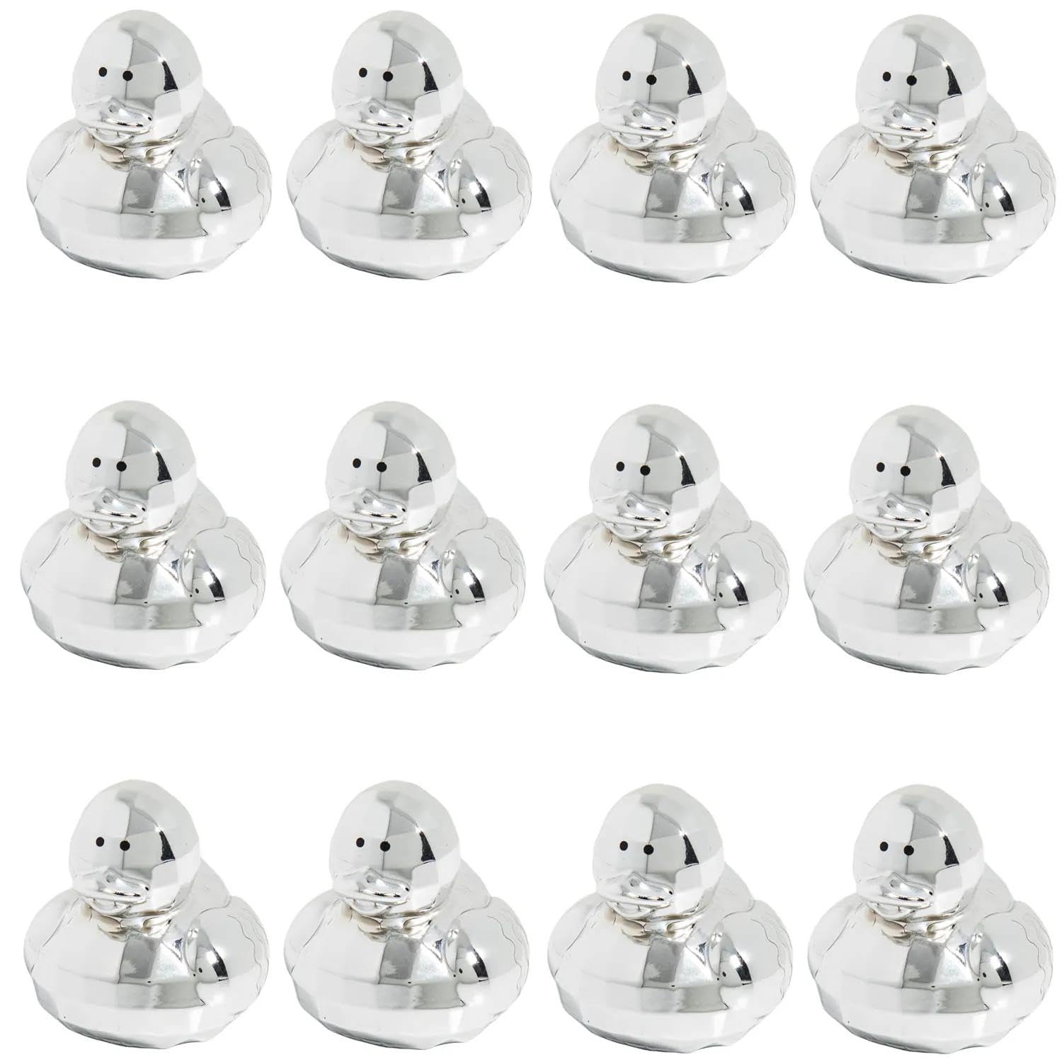Fun Express Mini Disco Ball Rubber Ducks in Bulk 12 Pack - Small Silver Metallic Glitter Ducks for Disco Party Favors & Dance Party Decorations |