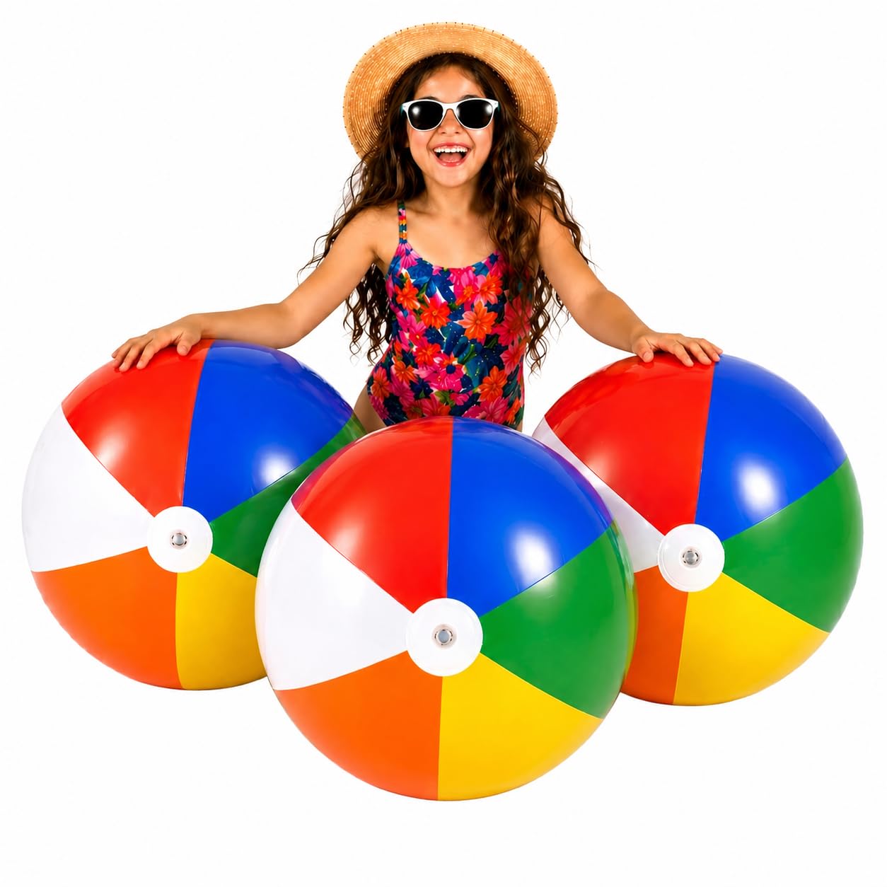 4E's Novelty Beach Balls [3 Pack] 20" Inflatable Beach Balls for Kids - Pool Games Toys for Kids & Toddlers, Classic Rainbow Color, Easter Outdoor
