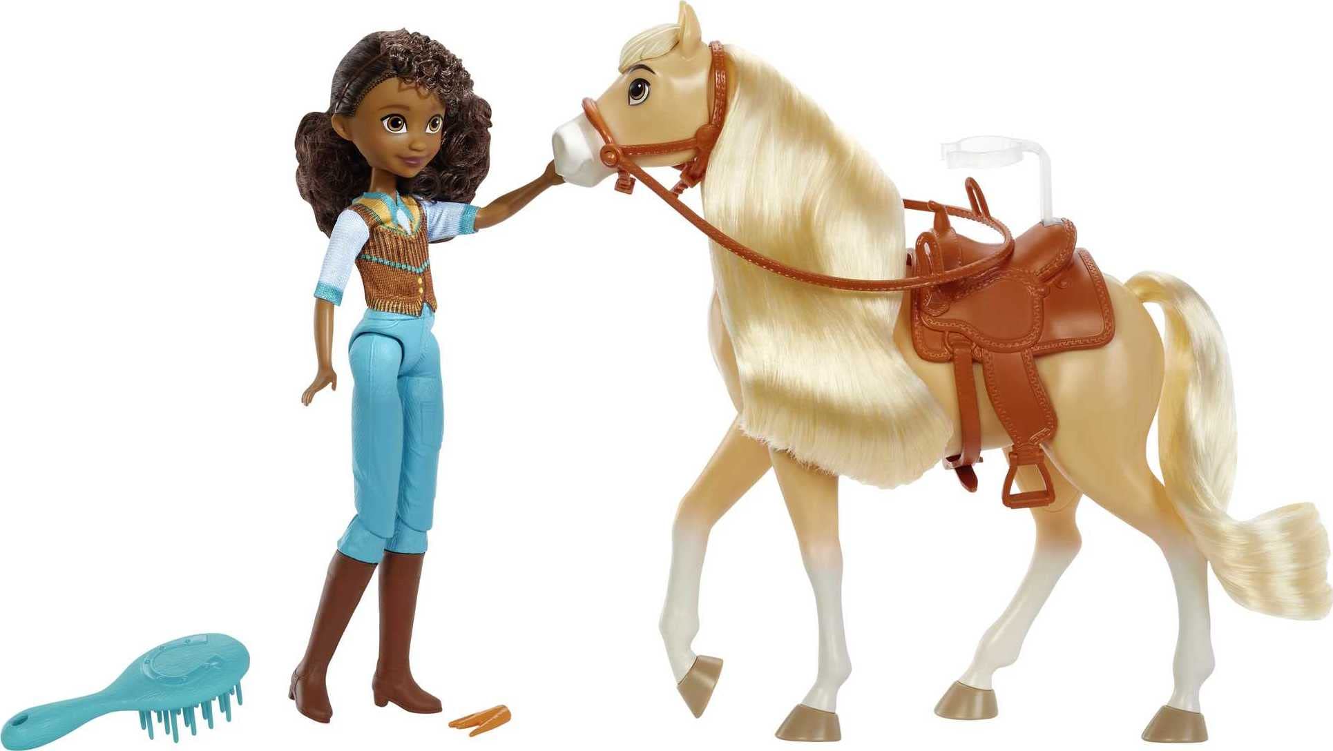 Mattel Spirit Untamed Doll & Toy Horse Set, 7-inch Pru Small Doll with 7 Movable Joints, Chica Linda (8-inch) with Soft Mane & Tail & Accessories