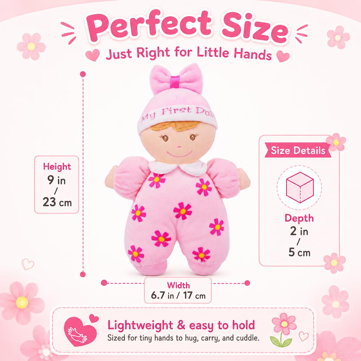 June Garden 9" My First Doll Sienna - Soft Plush Baby Doll with Rattle - Pink Outfit