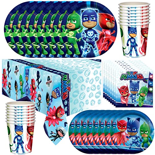 Treasures Gifted Officially Licensed PJ Masks Birthday Party Supplies - Serves 16 Guests - Dinnerware Deluxe Set PJ Masks Party Party Decorations