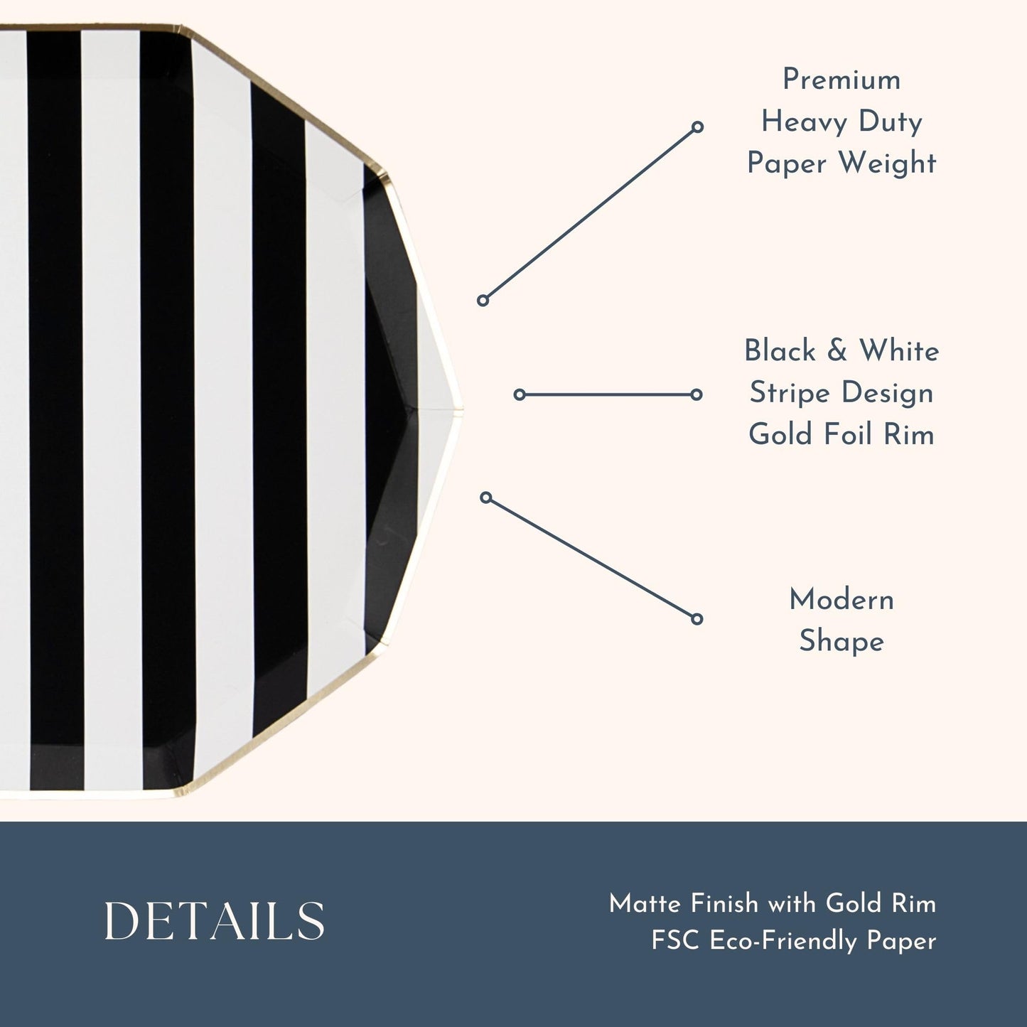 Bonjour Fête Black Cabana Stripe Party Plates | Gold Foil Sturdy Disposable Plate for Holiday & Tailgate Parties | Large Lunch & Dinner Plate | Pack