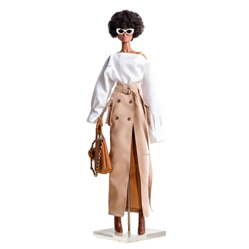 AQQeenmiu Fashion Doll Outfit Set for 11.5-12 Inch Dolls, Designer White Off-Shoulder Shirt with Tan Workwear Belted Skirt, 2 Piece Clothing Set (Tall