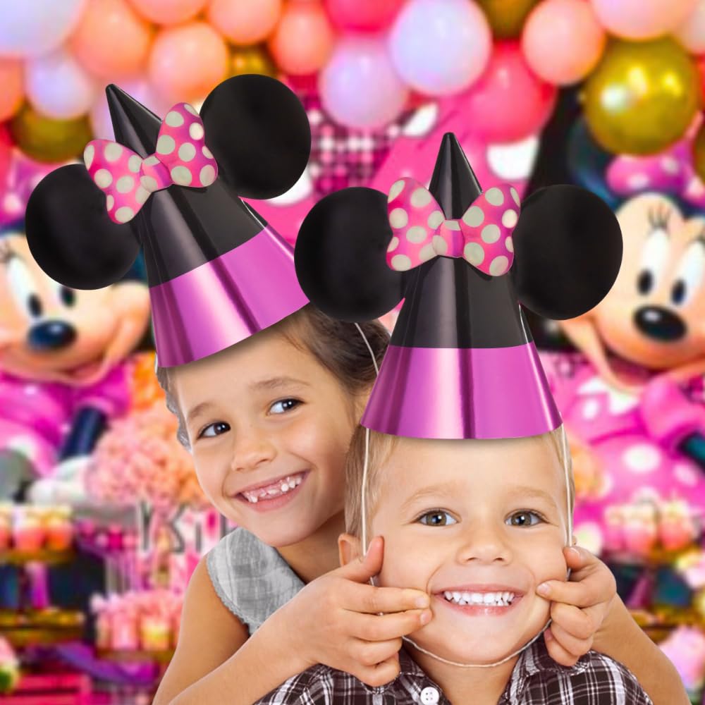 Minnie Mouse Forever Pink & Black Cone Hats - 7.25" x 6.5" (8 Pcs) - Vibrant Foil & Paper Party Accessories for Kids Themed-Parties & Events