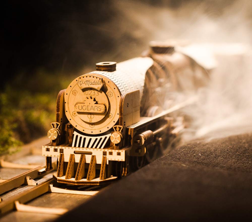 UGEARS V-Express Steam Train with Tender 3D Wooden Puzzles for Adults - Wooden Model Kits for Adults Model Train Steam Engine Kit Brain Teaser, Hobby