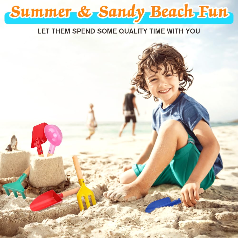 Katroiy 6 Piece Beach Sand Box Toys, Kids Gardening Tools, Made of Metal with Sturdy Wooden Handle, Safe Beach Gardening Set, Spoon, Fork, Rake