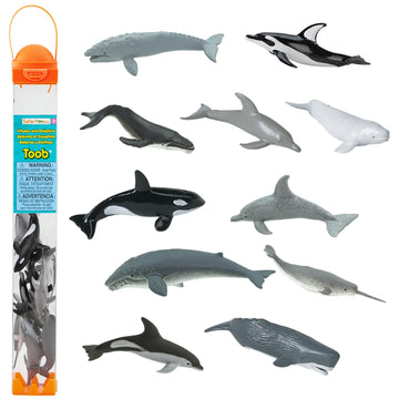 Safari Ltd. Whales & Dolphins TOOB - 12 Mini Figurines: Blue, Beluga, Gray, Killer, Humpback & Sperm Whale, Bottlenose, Common, Spotted Dolphins
