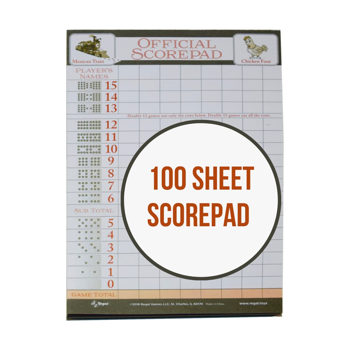 Regal Games Mexican Train Score Pads & Chicken Foot Dominoes Game for Adults - Ideal for Family Fun Game Night and Travel - 100 Sheets (8.25" x 5.5")