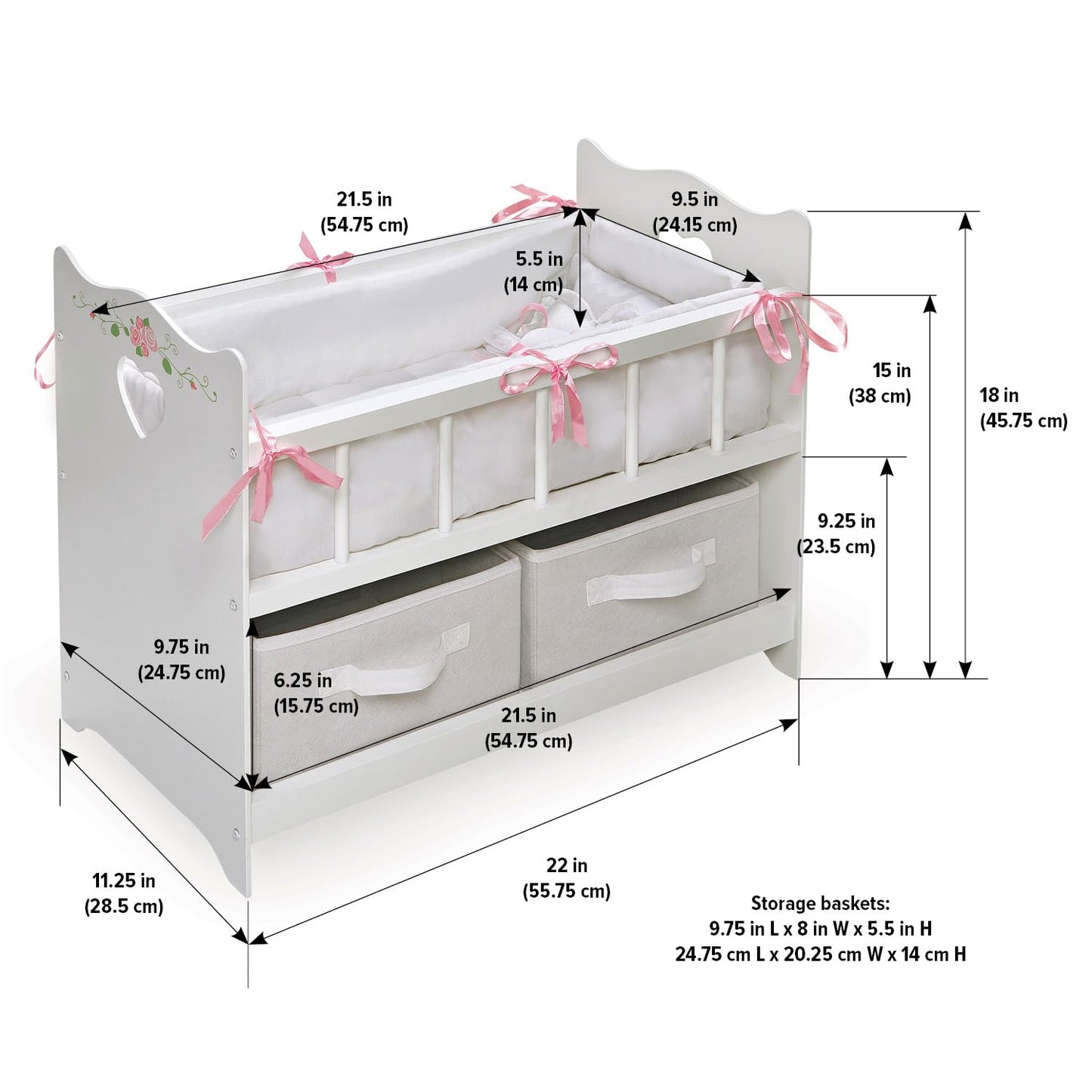 Badger Basket Wooden Doll Bed with Bed Liner, Pillows and Two Storage Baskets - Fits 18" Dolls - Ideal for Pretend Play and Baby Doll Fun - White/Rose