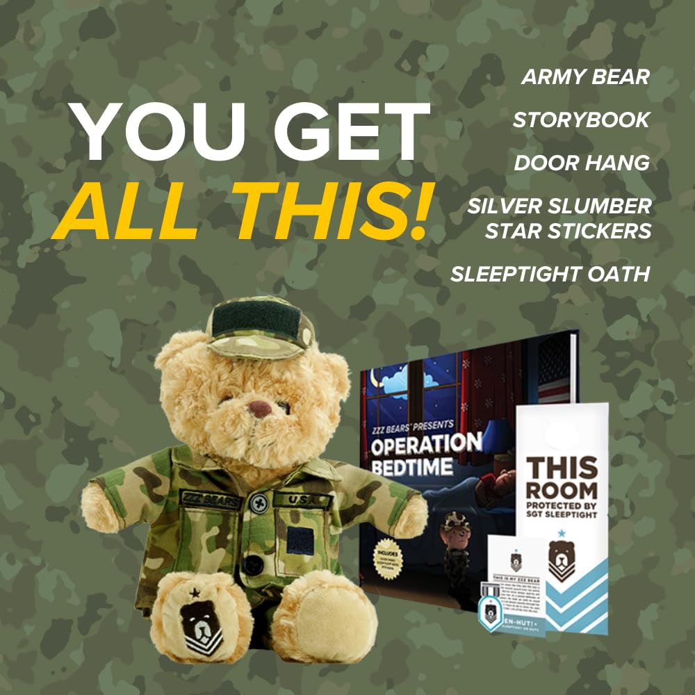 ZZZ Bears SGT Sleeptight Army Teddy Bear with Storybook & Sleep System, Comforting Gift for Army Kids, Helps with Bedtime Routine, Deployment
