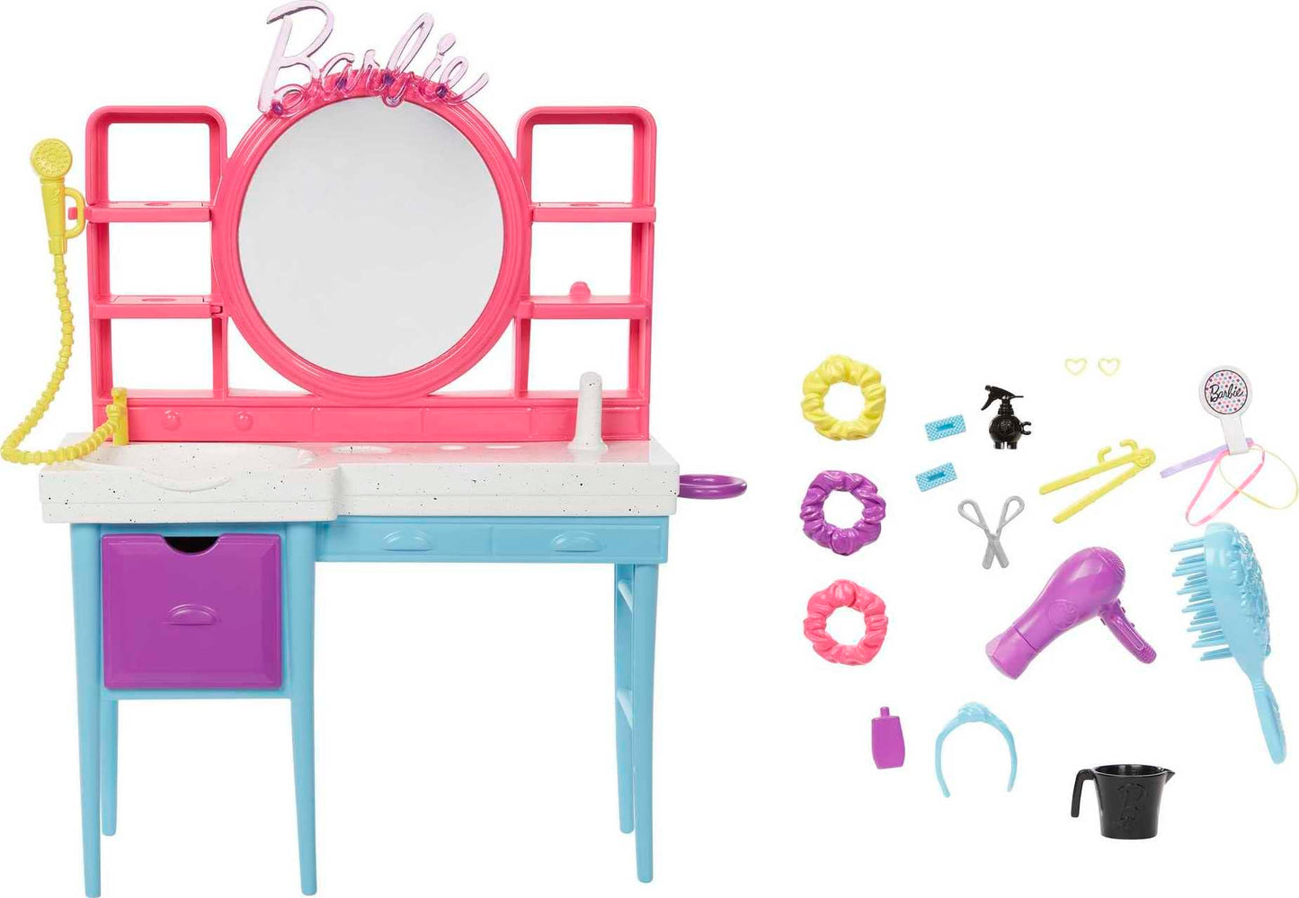Barbie Doll & Hair Salon Playset with 15 Styling Accessories & Furniture, Long Color-Change Hair & Printed Dress