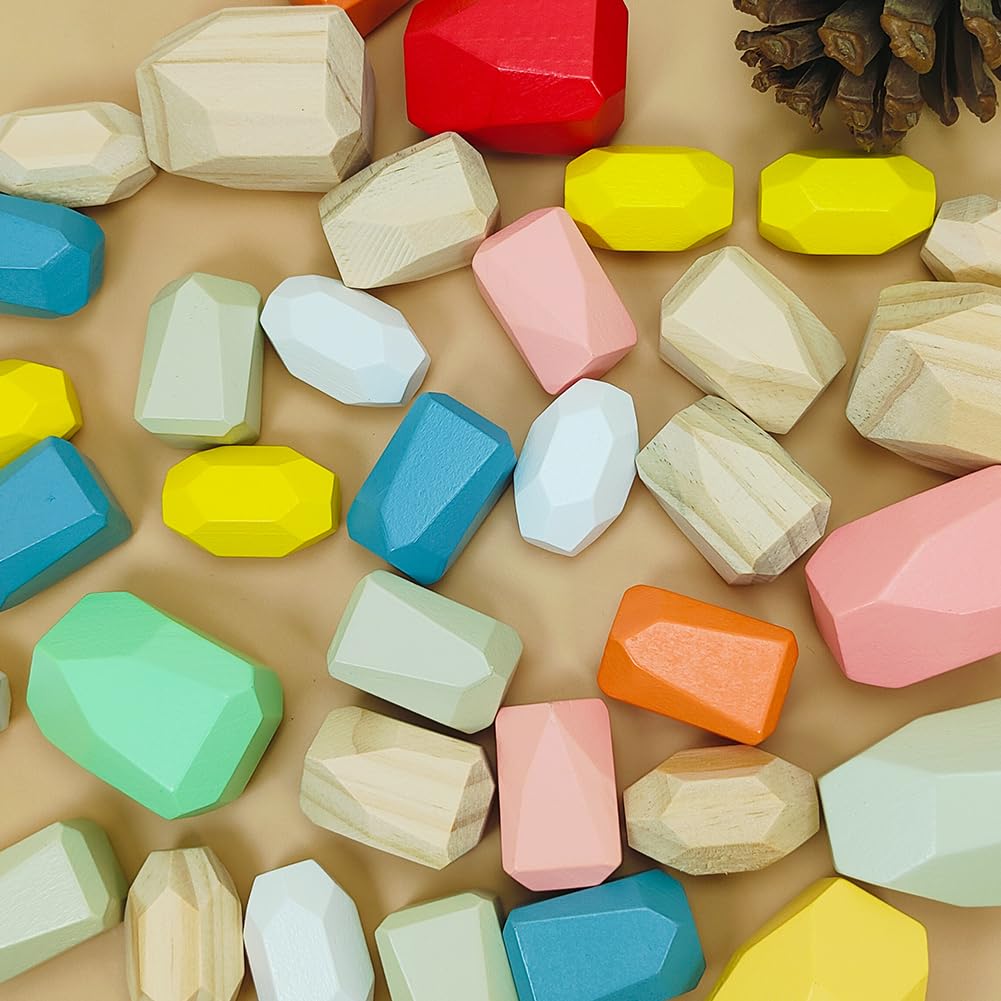 Kayzyue Wooden Stacking Rocks Building Blocks Set, 36 Pcs Montessori Stacking Game Sensory Learning Activities Balancing Stones Birthday Gifts