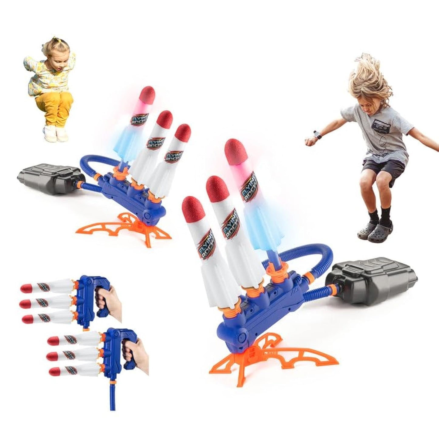 New Bounce Rocket Launcher for 2 Players - Adjustable 2-in-1 Jump Rocket Set - Includes a Sturdy Launch Pad and 4 LED Rockets - Soars Up to 150 Ft