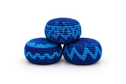 Funny Guy Mugs Footbag Balls 3 Pack Handmade Crocheted Kick Toss Balls from Guatemala Assorted Patterns Indigo