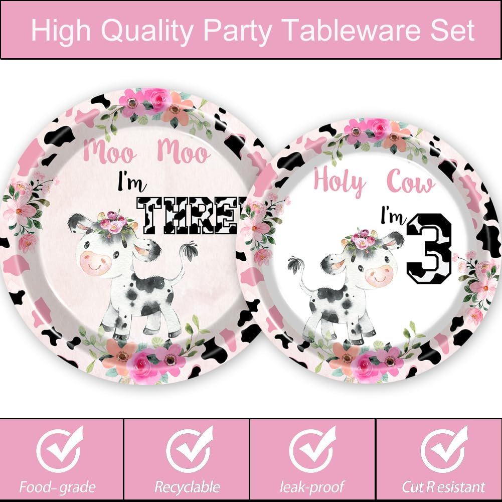 80 Pcs Holy Cow I'm Three Girls Birthday Decorations Moo Moo I'm Three Paper Dinner Plates Napkins Forks Dinnerware for Farm Animals Cow Themed Girls