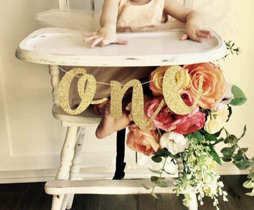 Hongkai Glitter Gold 1st Birthday Highchair Banner Boy Girl Baby ONE Banner High Chair Sign Baby First Birthday One Photo Prop Party Decorations