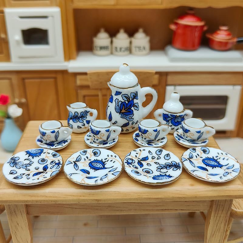 15 Pcs Blue 1:12 Miniature Porcelain Chintz Tea Cup Set Dollhouse Accessories
