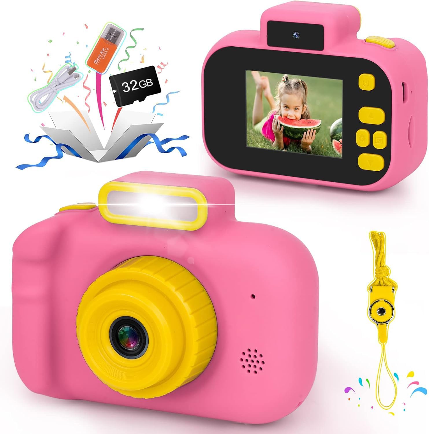 Kids Camera, Toddler Selfie Digital Pink Camera Birthday Toys Gift for Girls Age 3-9, Portable Kids HD Digital Video Recorder with 32G SD Card, Toys