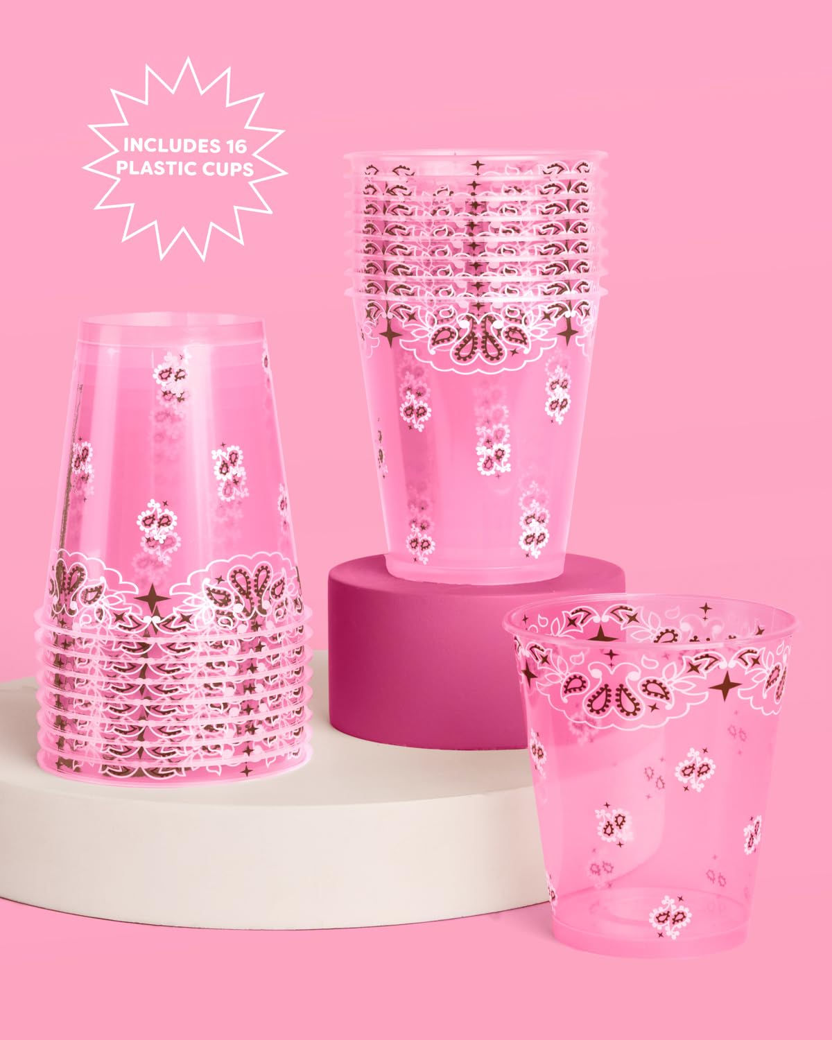 xo, Fetti Cowgirl Plastic Cups - Set of 16, 12oz | Western Party, Pink Cowgirl, Rodeo Cups, Bandana Print, Girls Birthday, Boot Decorations