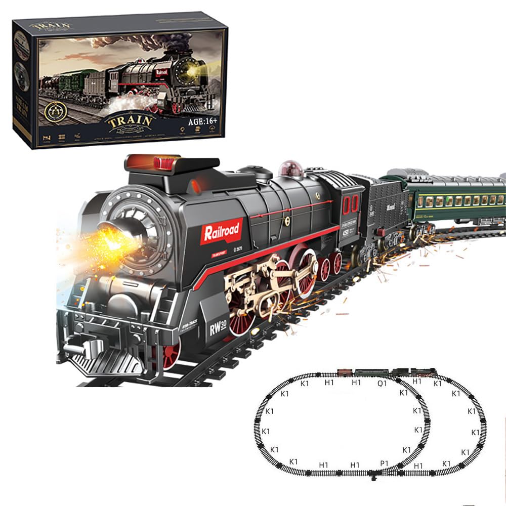 Electric Train Toy with Smokes,Lights and Sound,Train Set for Under Christmas Tree, Locomotive Train Model with Track, Gifts for Train Lovers (Black)