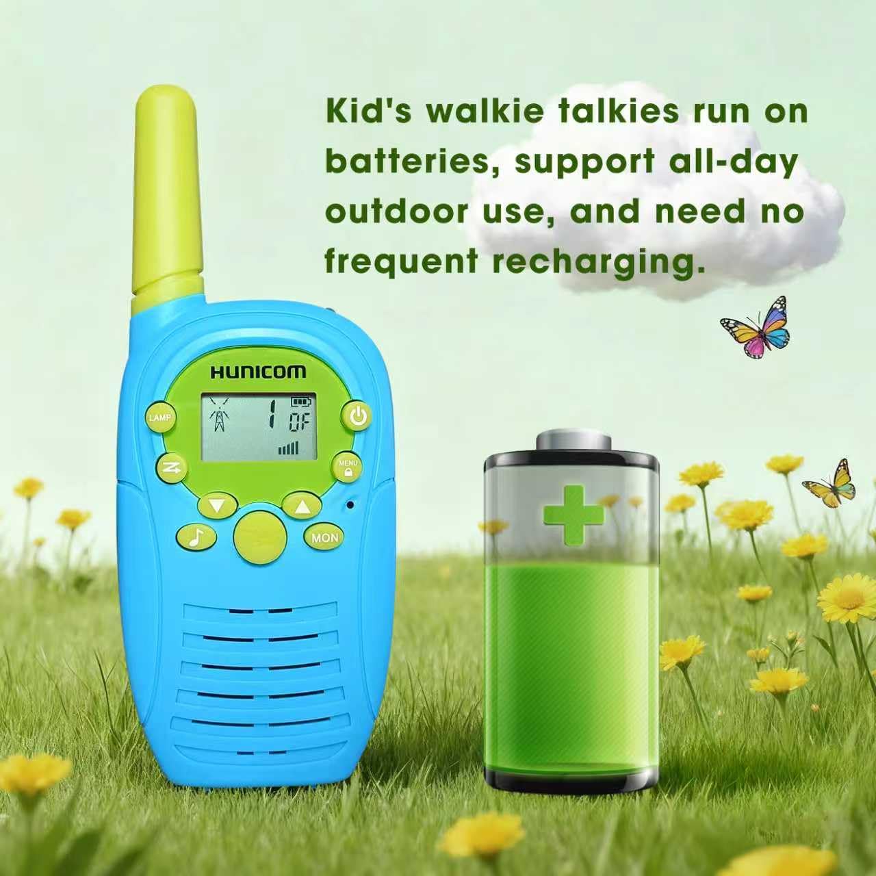 HUNICOM Kids Walkie Talkies with 3KM Range, 99 Privacy Codes, VOX Hands-Free, Built-in Flashlight & 10 Call Tones - Ideal for Outdoor Adventures