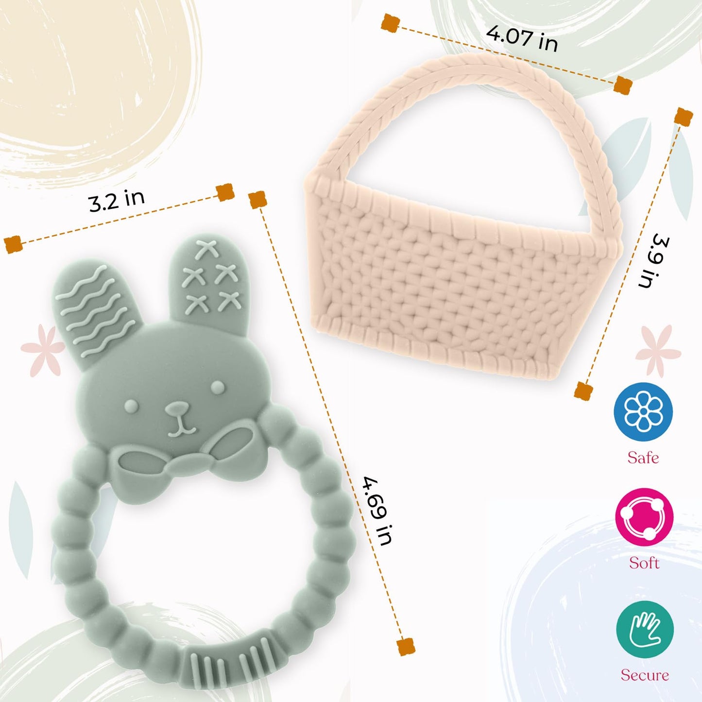Easter Bunny Teether Set, Bunny, Carrot, Chicken, Rattle Egg & Easter Basket Baby Teething Toys Easter Teethers Toys for Babies - Green