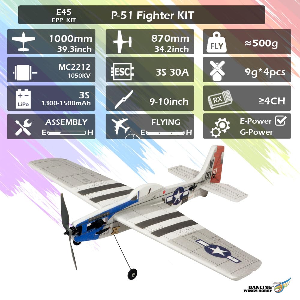 DW Hobby Remote Control 3D EPP Sports 1.0M Airplane P-51 Fighter for Adults Need to Assemble (E4501)