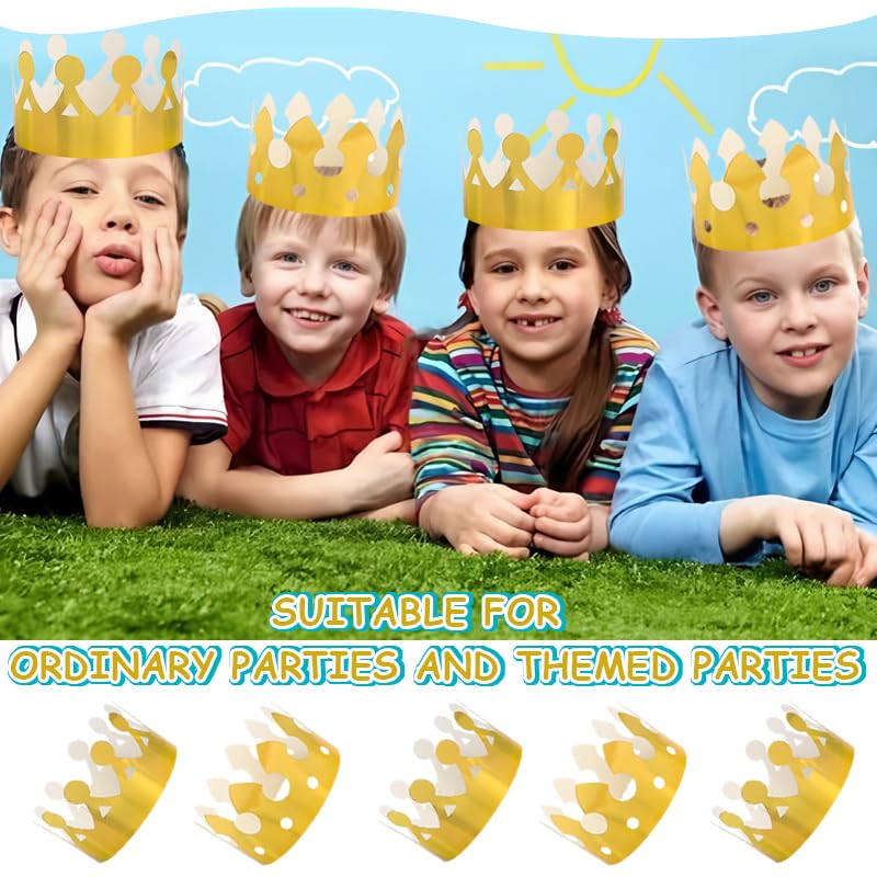 100-Piece Gold Adjustable Paper Crowns with DIY-Size Design, Exclusive for Kids' Birthday Parties & Family Gathering Decorations (Retro Style)