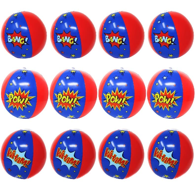 12 Inflatable Superhero Party Beach Balls - 8" Comic Pow Wham Bang Designs