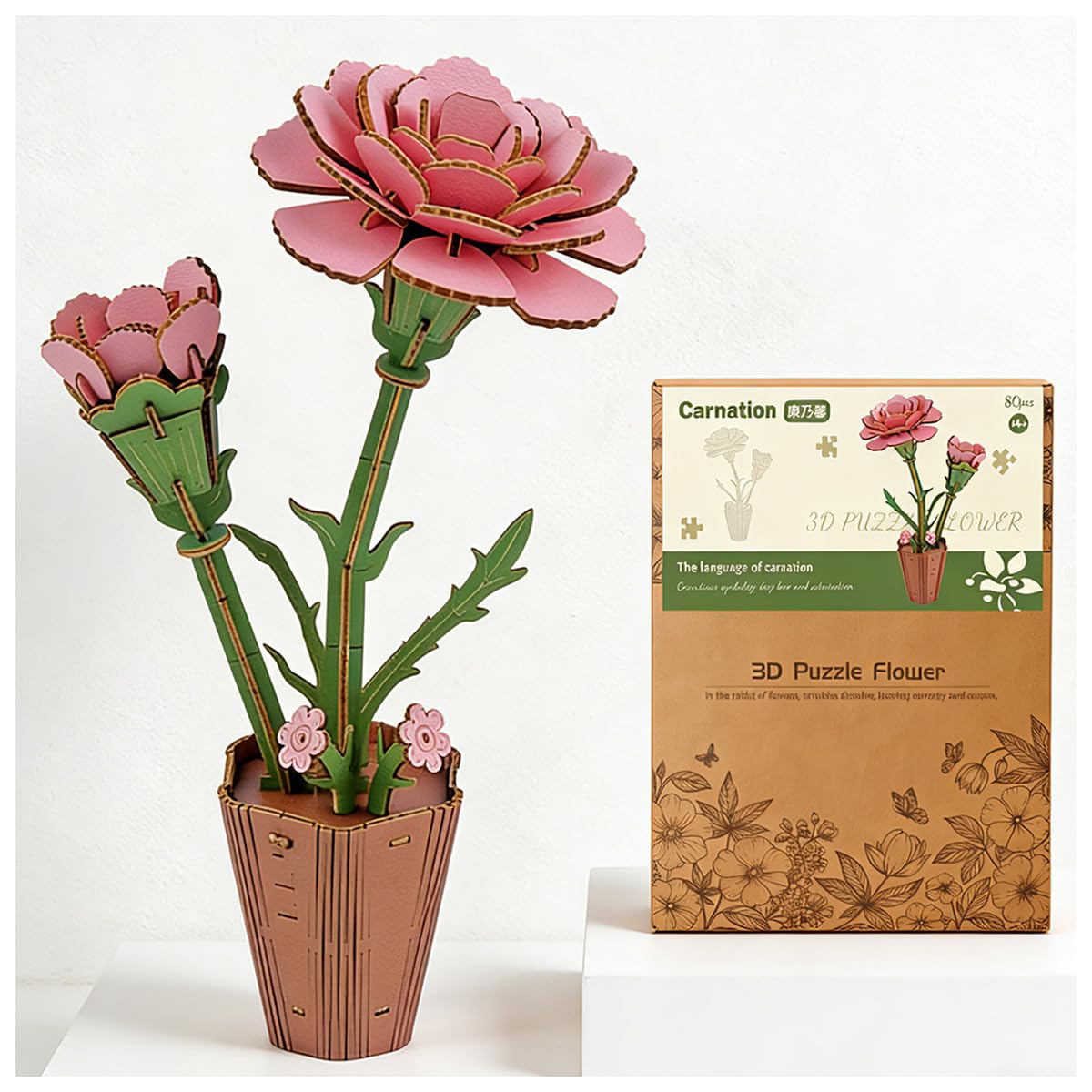 3D Wooden Flower Puzzle - DIY Carnation Craft Kit for Adults, Wooden Bloom Craft Home Decor (Carnation)