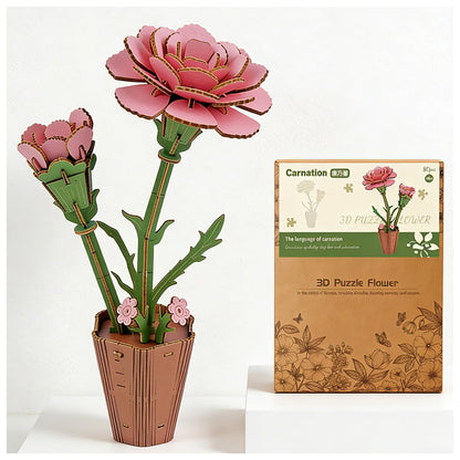 3D Wooden Flower Puzzle - DIY Carnation Craft Kit for Adults, Wooden Bloom Craft Home Decor (Carnation)