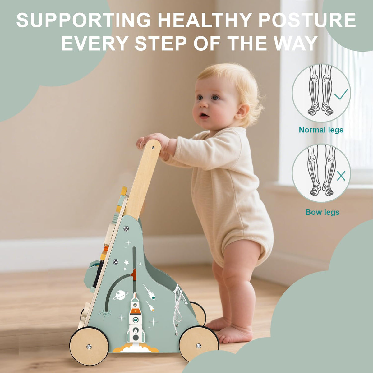MILEFUN Adjustable Wooden Baby Walker - Montessori Push Toy for 1 Year Old with Rocket-Themed Activity Center, Sit-to-Stand Walker Gift for Boys