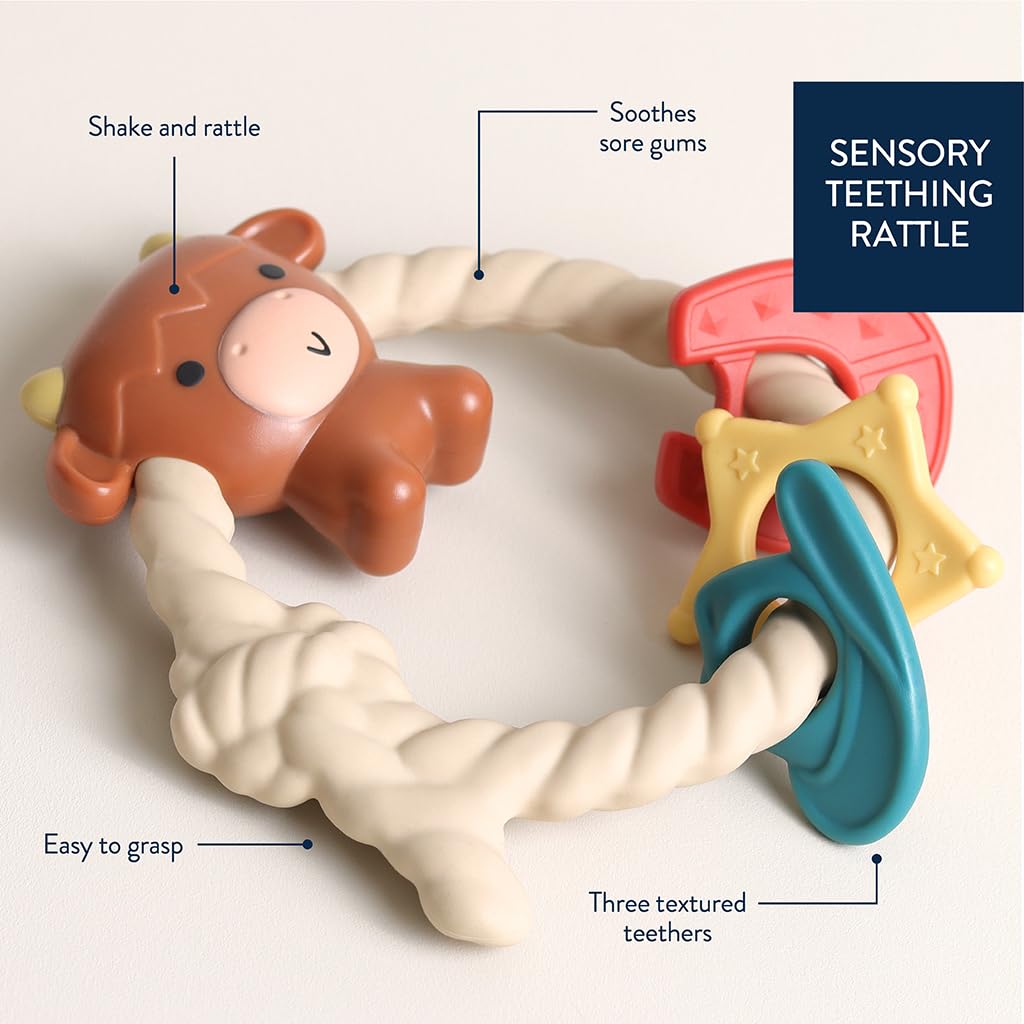 Itzy Ritzy Silicone Teether with Rattle - Rattle Teether Features Rattle Sound, Three Silicone Teething Rings and Raised Texture to Soothe Gums - Ages