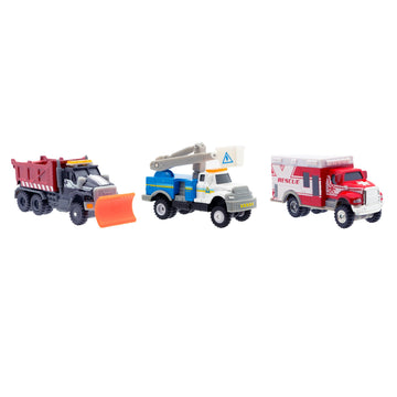 Mighty Fleet Diecast 3-Pack, Snow Shovel, Cherry Picker, and Ambulance, Durable 3” Diecast Vehicles for Kids Ages 3+