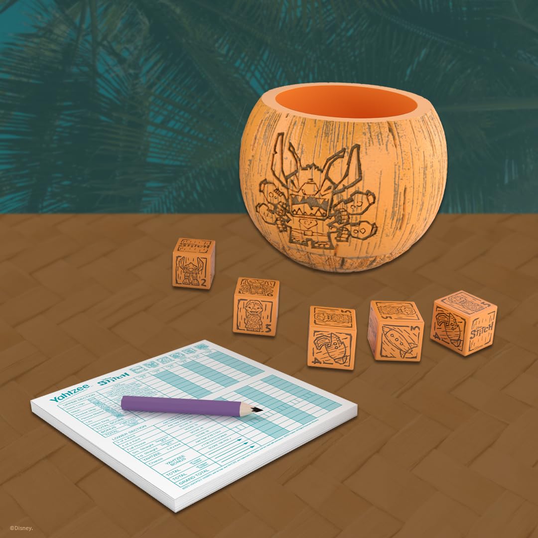 YAHTZEE: Disney Stitch, Collectible Tiki Style Dice Cup, Classic Dice Game Based on Disney’s Lilo & Stitch, Great for Family Night, Officially