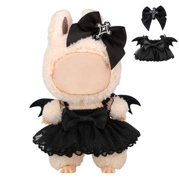 2 Pcs Doll Clothes Compatible with 17cm Lububu Clothes, Black Outfit Accessories Sets Include 1 Dress 1 Bow for Dolls Premium Outfit (No Doll)