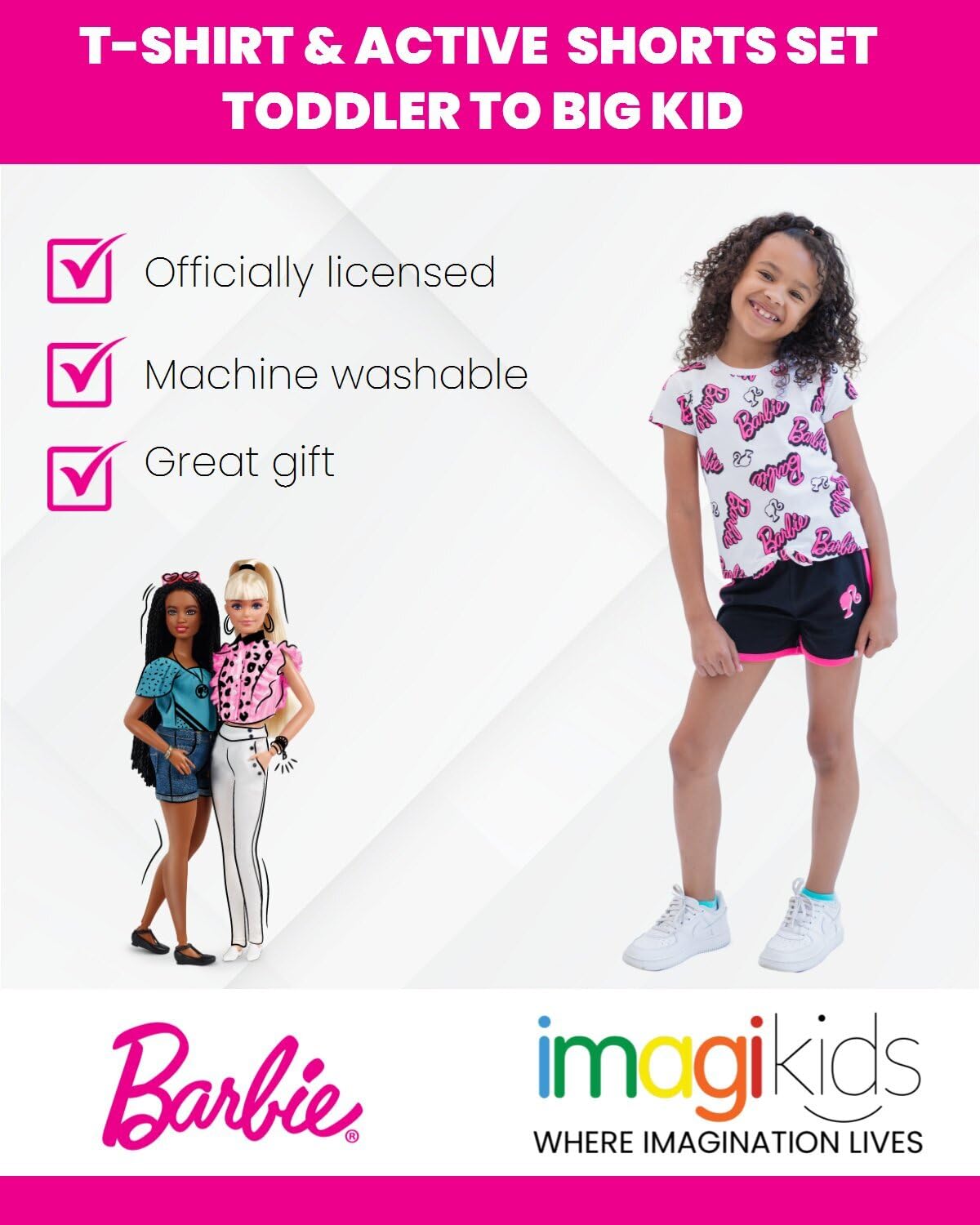 Barbie Big Girls T-Shirt and Dolphin Active Shorts Outfit Set Pink/Black 14-16