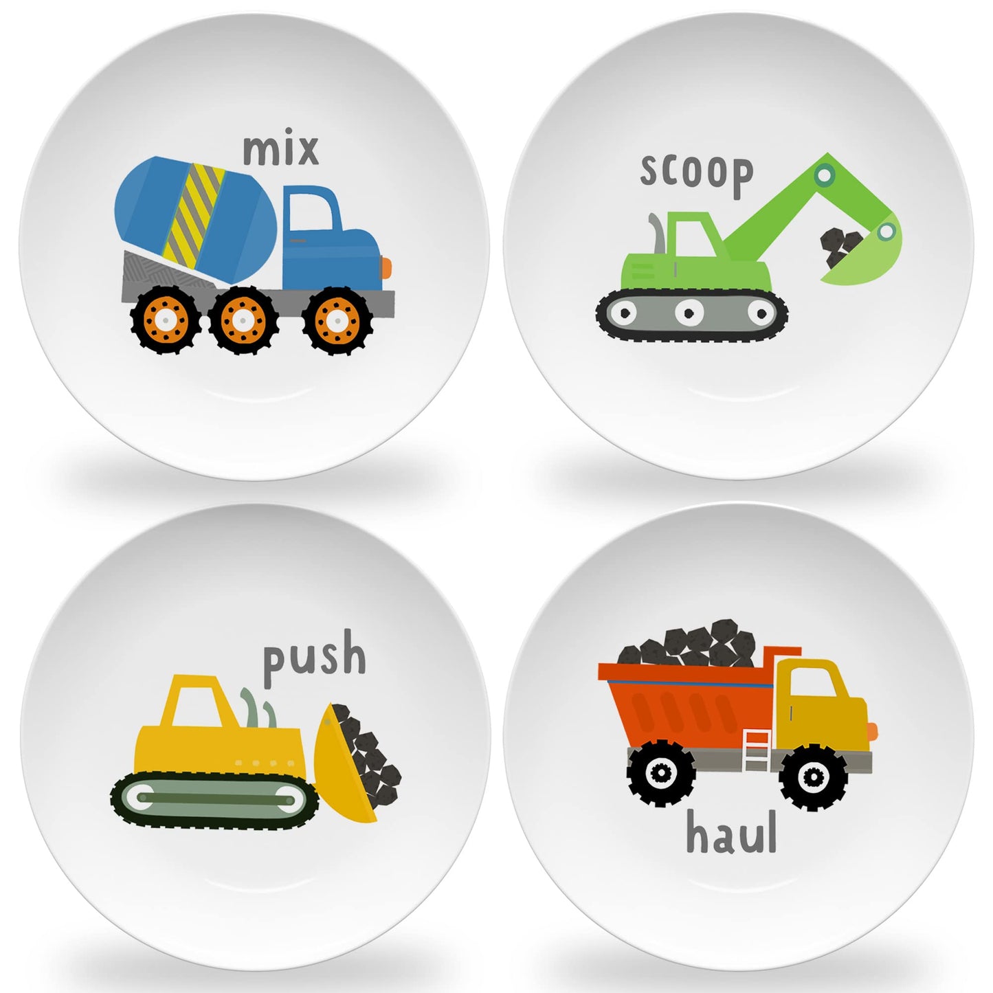Tiny Expressions - Construction Plates for Toddlers - Set of 4 Melamine Plates for Kids - Excavator, Cement Mixer, Bulldozer, and Dump Truck - Fun