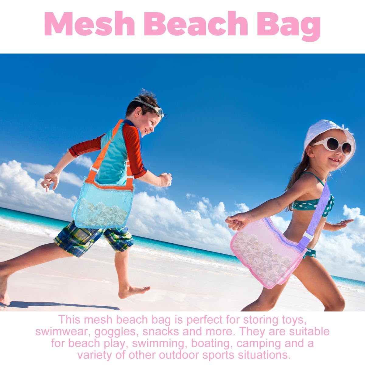 NEUROVYRAL 3 Pcs Seashell Collecting Bag for Kids, Beach Bag Beach Toys with Zipper Collapsible Mesh Adjustable Shoulder Straps for Kids Picking Up