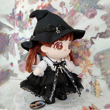 niannyyhouse 7.8in/20cm Plush Doll Clothes Hat + Dress 2-Piece Set Black Magic Hat Mesh Lace Dress