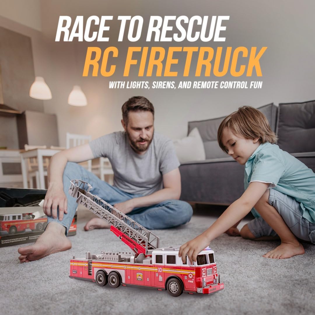 Remote Control Fire Truck - Premium Battery-Powered RC Fire Engine Toy with Flashing Lights, Realistic Sirens, Extendable Ladder - Perfect Toy Gift