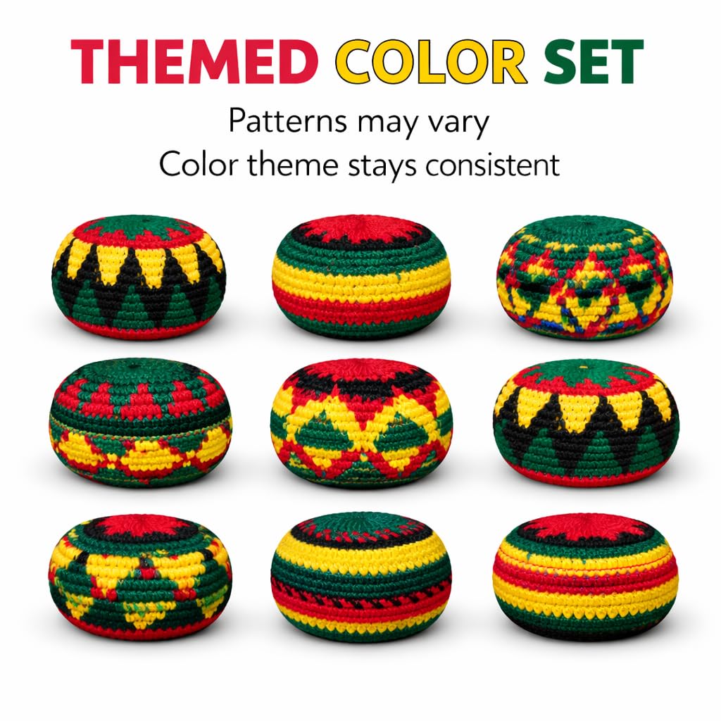 Funny Guy Mugs Footbag Balls 3 Pack Handmade Crocheted Kick Toss Balls from Guatemala Assorted Patterns Rasta