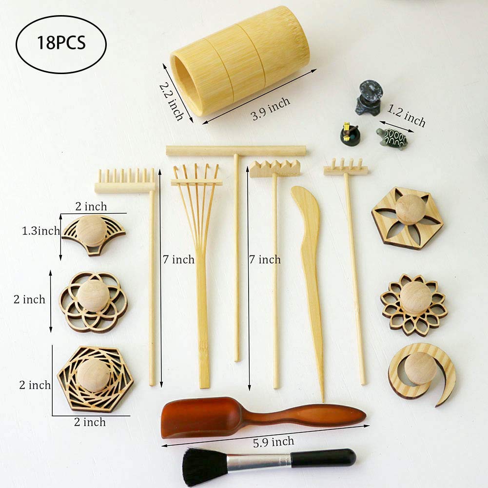 Zen Garden Rake Stamp Tools - Meditation Rock Sand Garden Accessories - Office Desktop Mini Zen Gifts for Man Women Bamboo Rakes Holder Brusher Spoon
