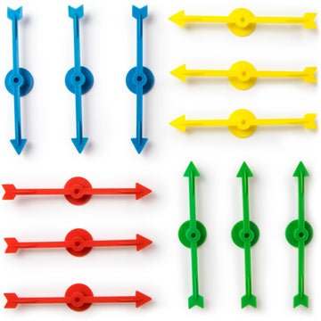 12-Pack of Arrow Game Spinners in 4 Rainbow Colors, 3 Arrows Per Color - Assorted Set of 4-inch Plastic Spinner Game Pieces for DIY Board Games