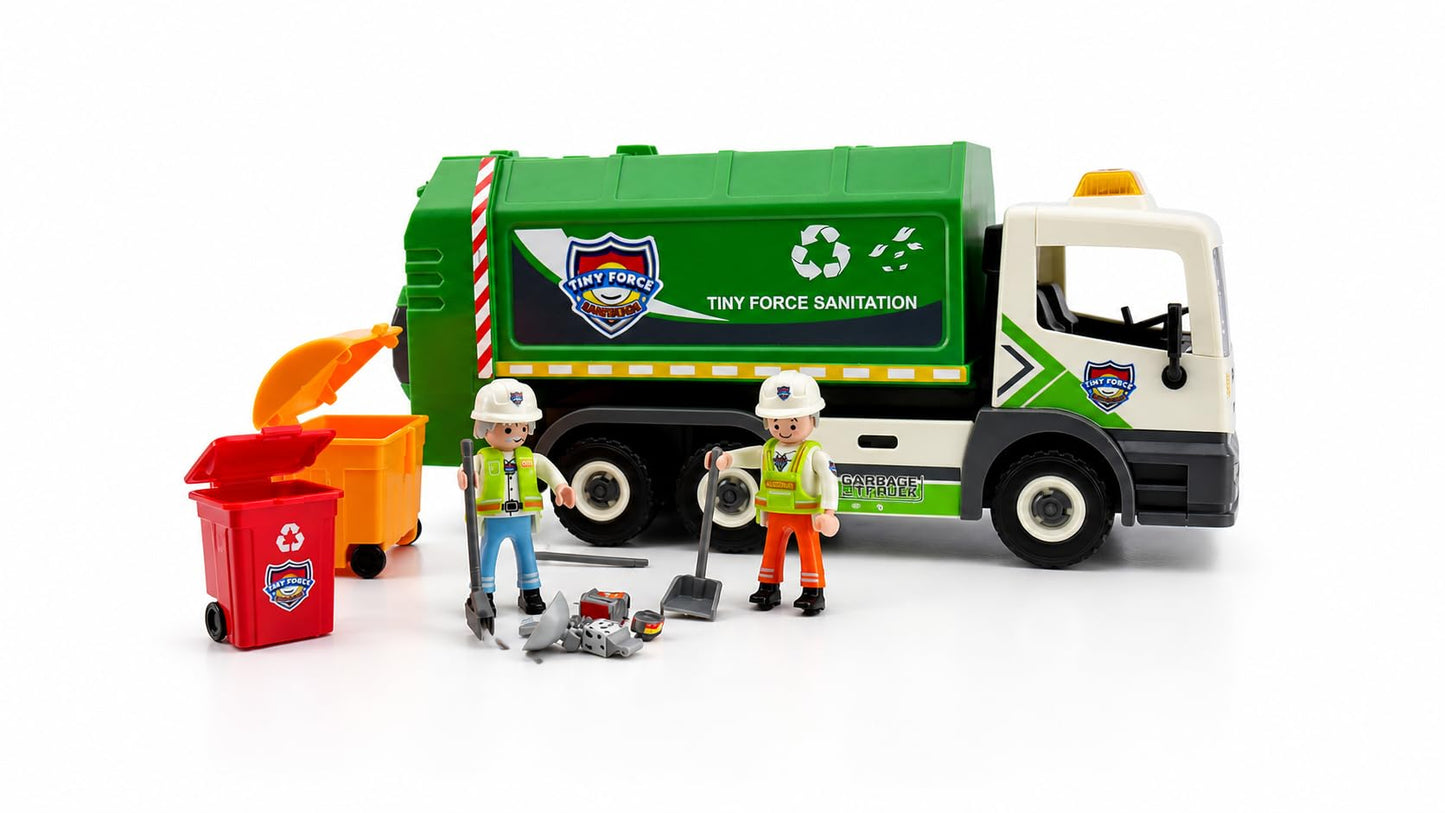 Tiny Force Garbage Truck Toy Set with 2 Action Figures, Dumpster, Trash Bin, Cleanup Accessories & Pretend Trash, Ages 4+