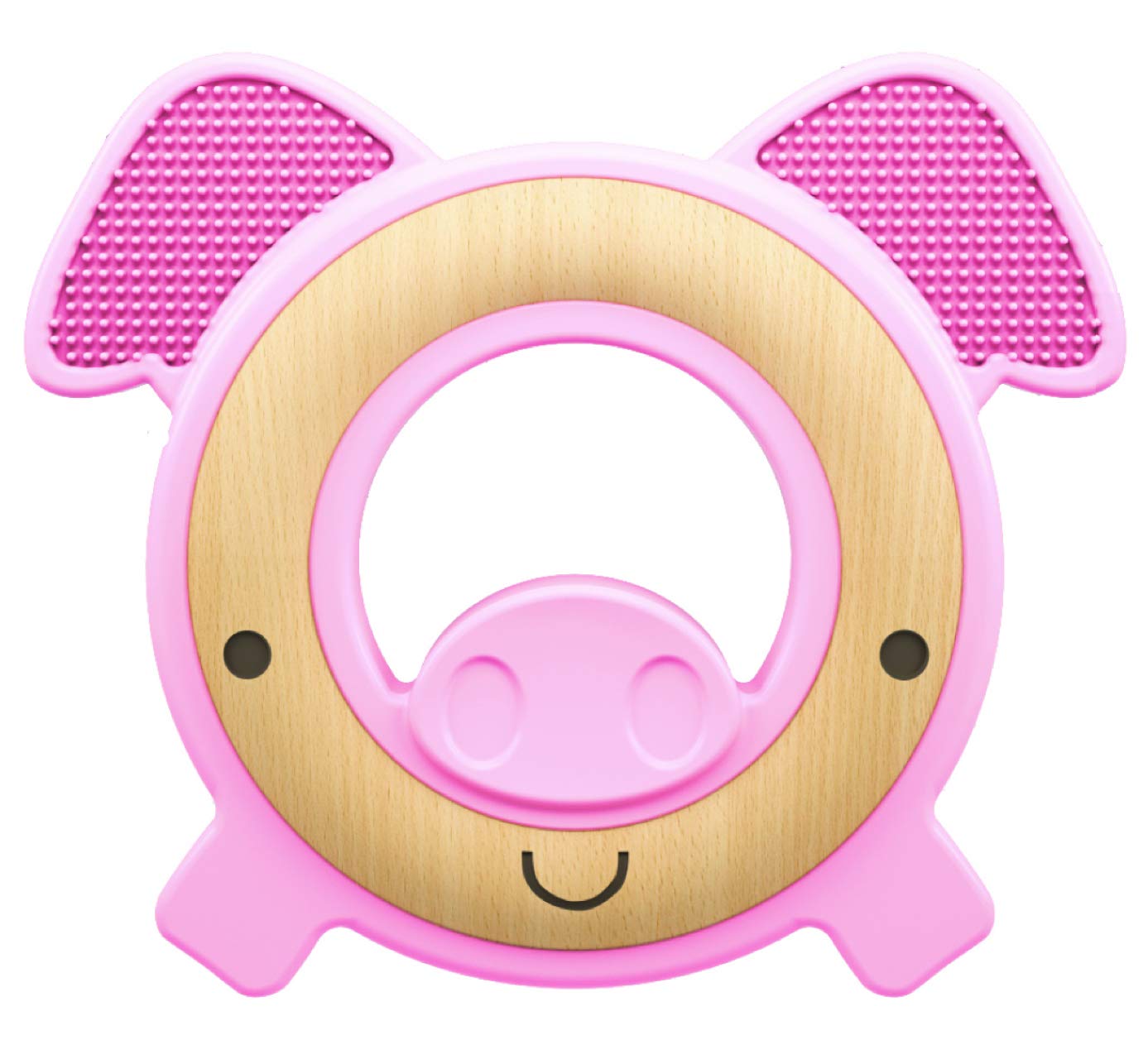 Nuby Natural Wood & Silicone Teether: Pig, 3M+, Pink